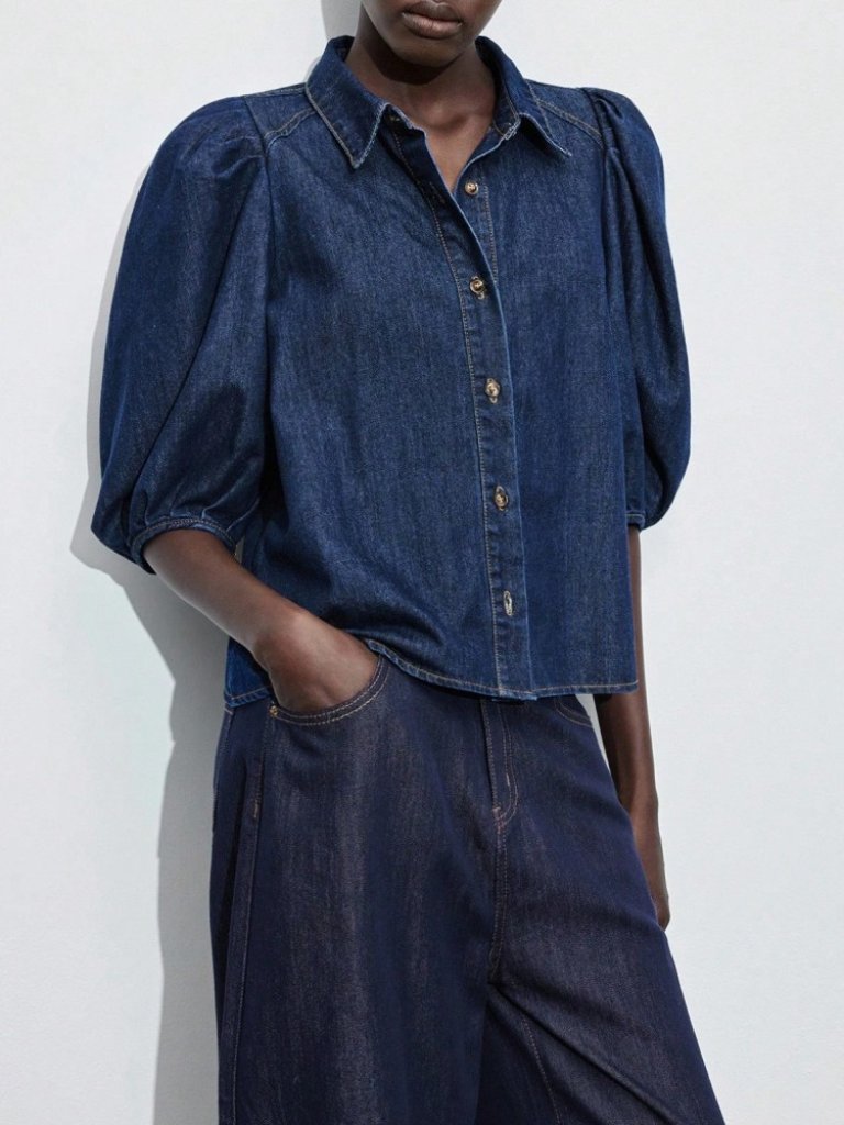 Navy Denim Shirt, Puffed Sleeves, Collar